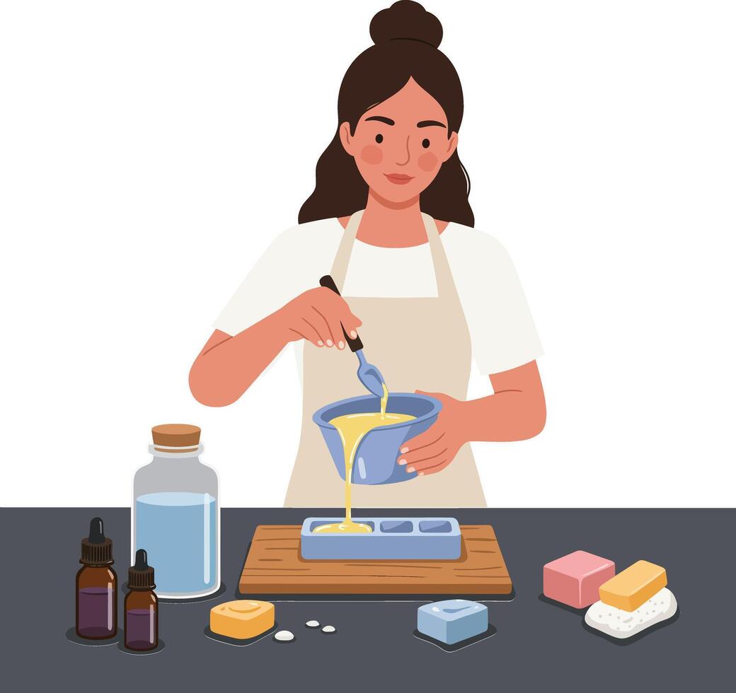 Woman mixing ingredients for soap making in flat illustration vector