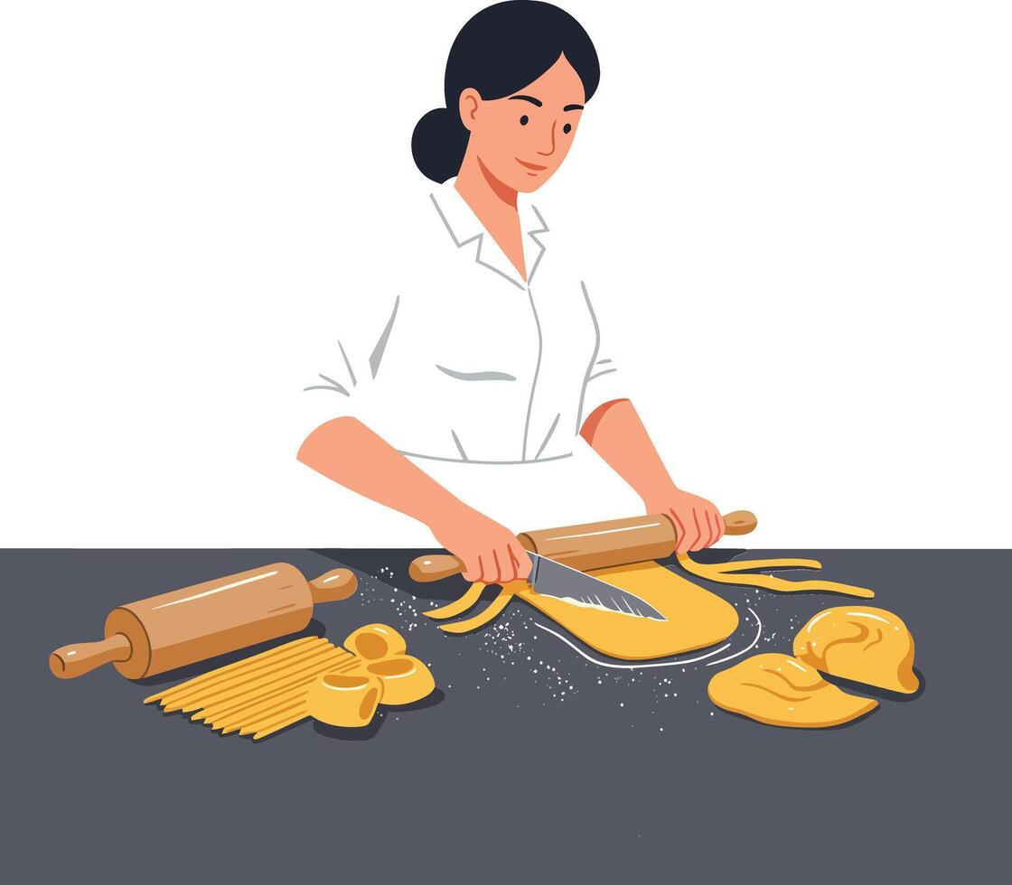 Woman preparing dough with rolling pin in flat illustration vector