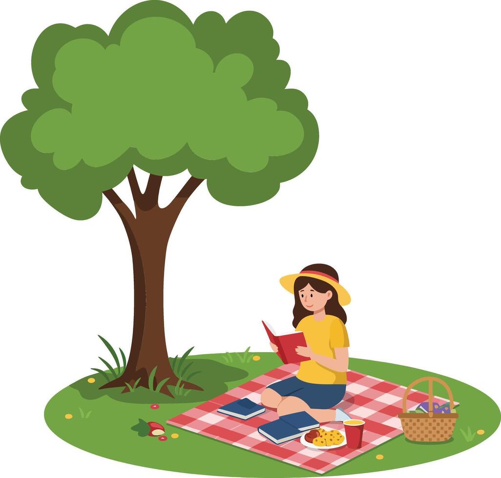 Woman reading book while enjoying picnic under tree in flat art vector