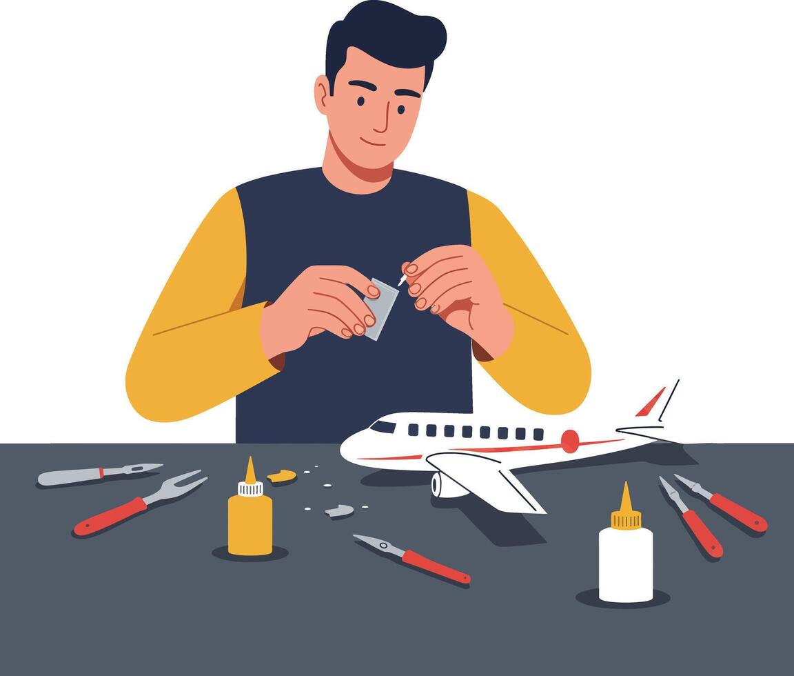 Man assembling model airplane with tools in flat and colorful art vector