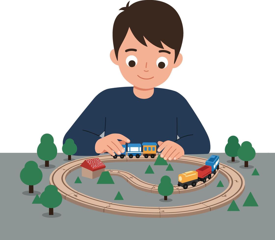 Child playing with colorful toy train set in flat art style vector