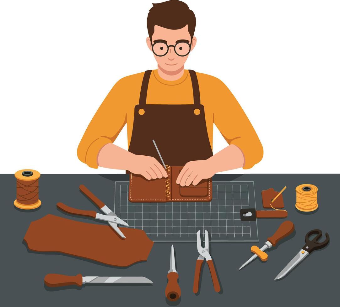 Craftsman stitching leather with tools in flat illustration style vector