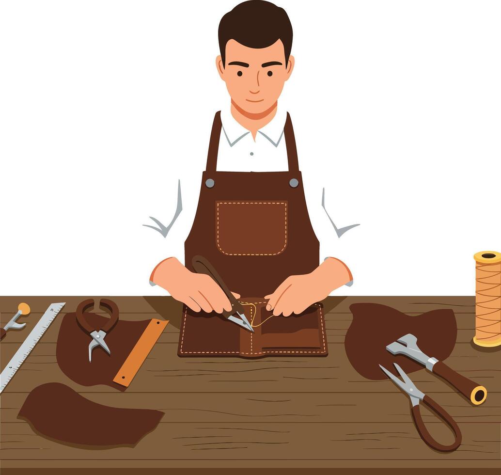 Craftsman working on leather project with tools in flat art vector