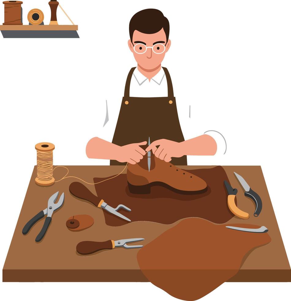 Skilled shoemaker crafting leather shoes in minimal flat art vector