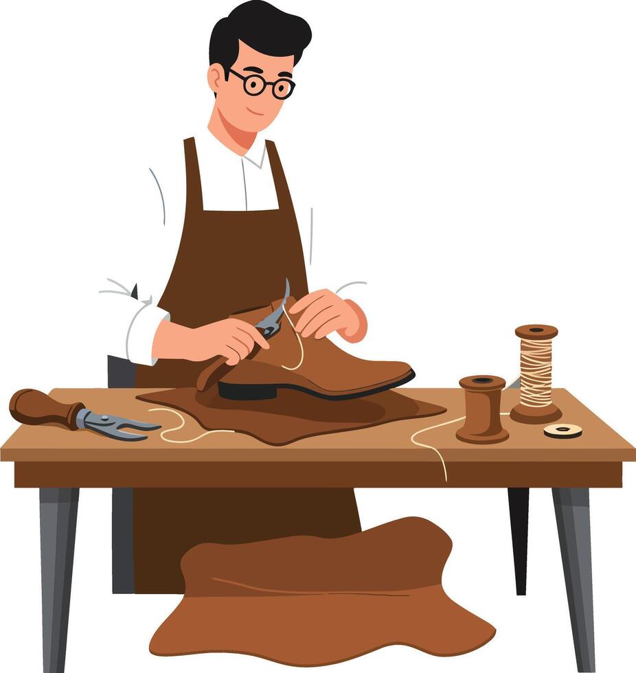 Craftsman working on leather goods in minimal flat design art vector