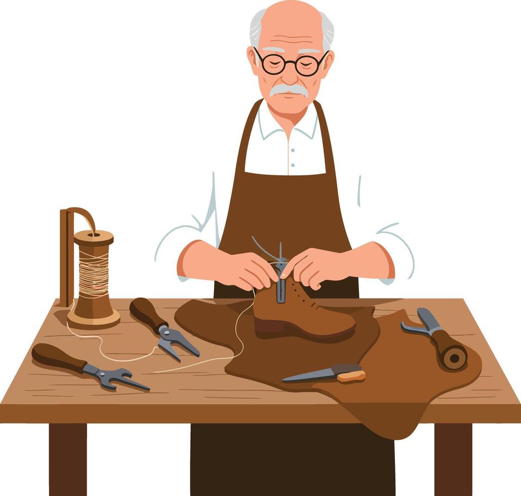 Skilled shoemaker working diligently at his table with tools in flat art vector