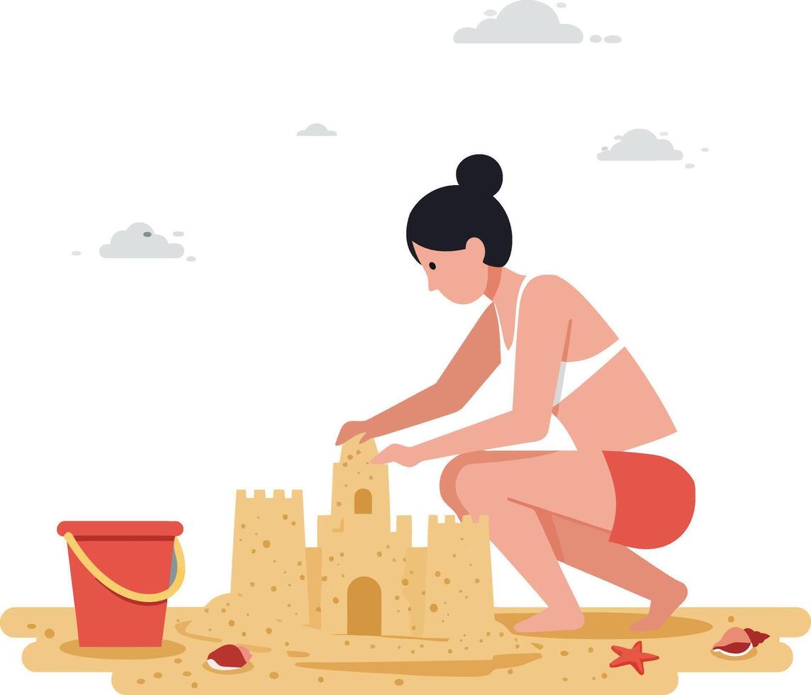Woman building a sandcastle on the beach in flat art vector