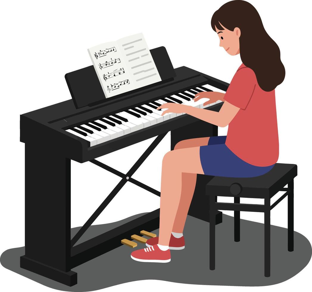 Girl playing piano with sheet music in flat illustration vector
