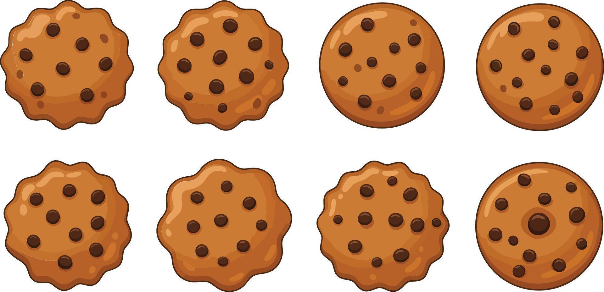 Eight delicious chocolate chip cookies arranged in a grid pattern on a white background vector