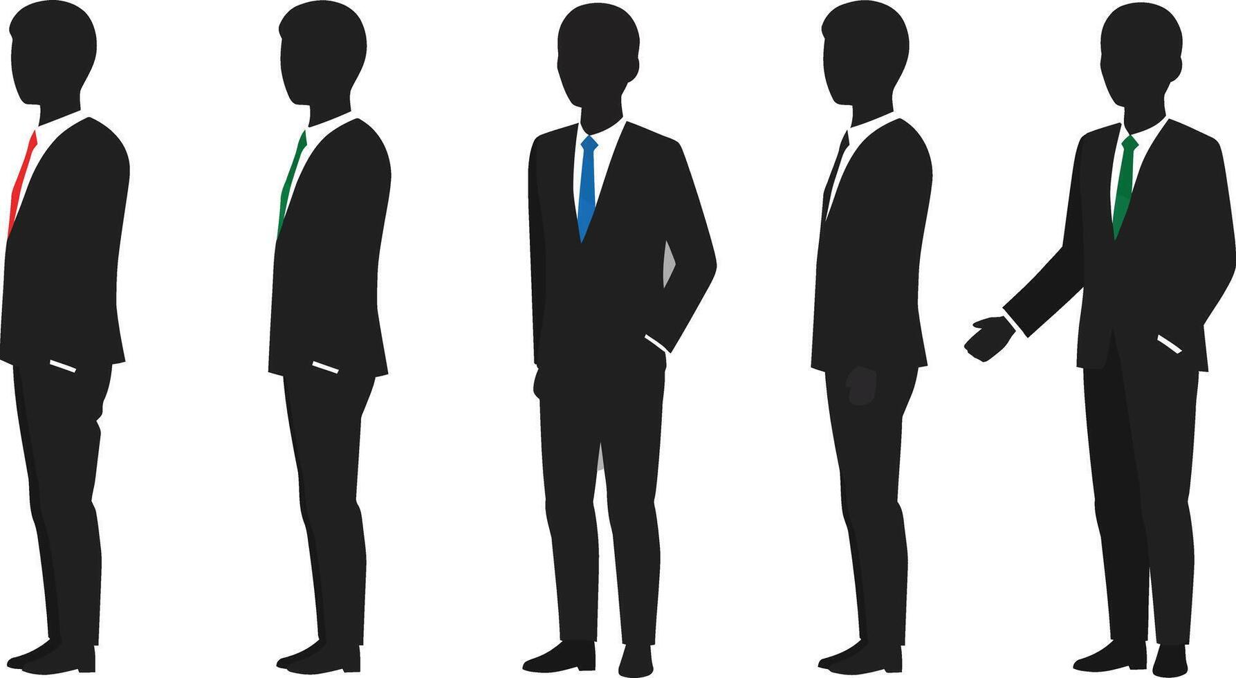 Five silhouettes of men in suits showcasing different tie colors and postures vector