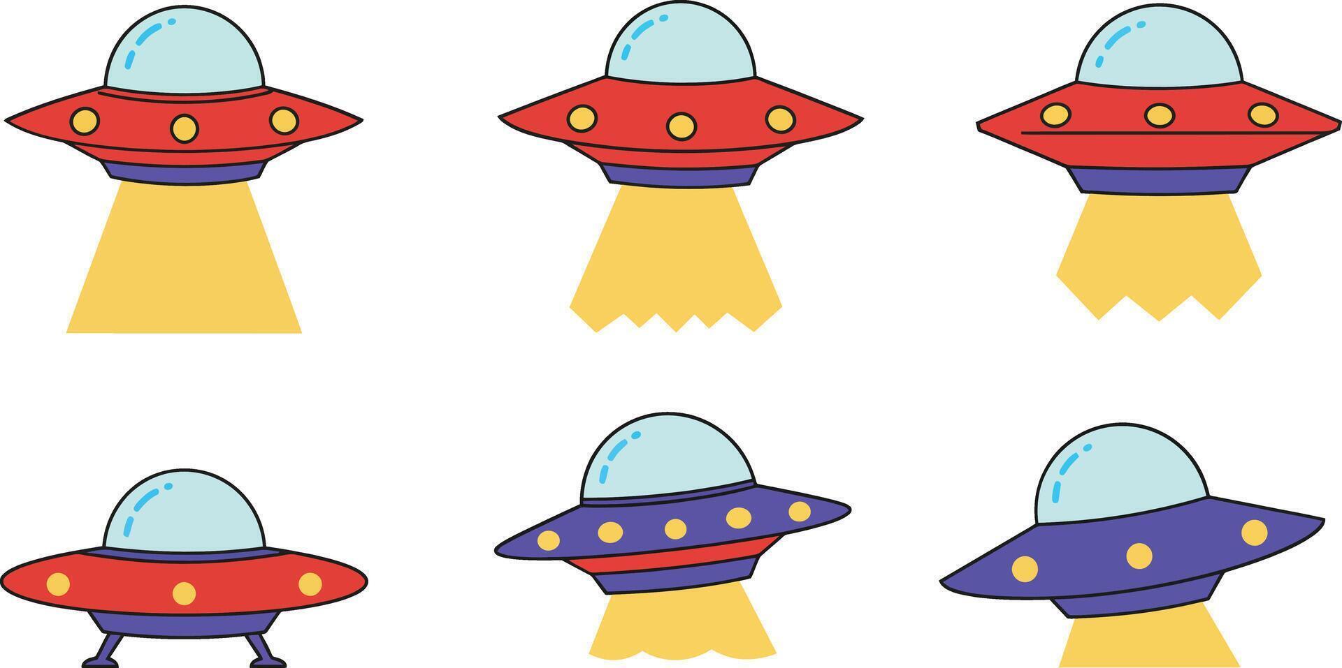 Colorful cartoon UFOs with varying designs and light beams in a playful arrangement vector