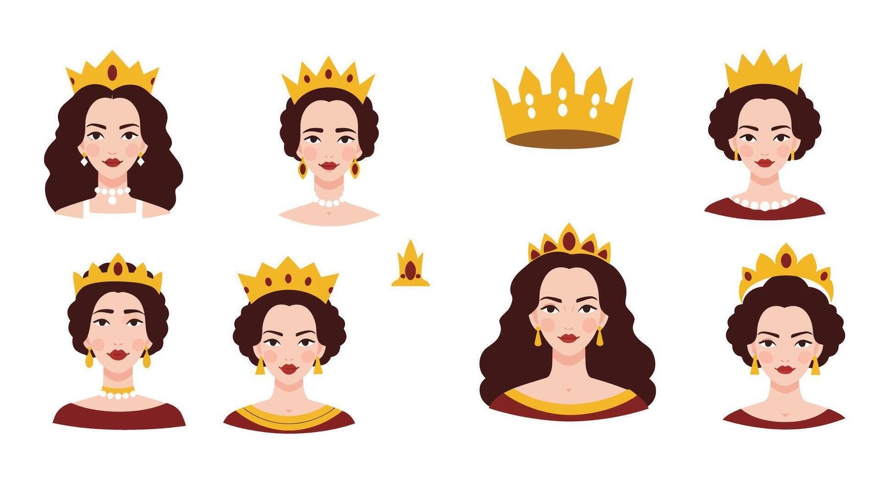 Illustrated sequence of queen characters displaying different styles and crowns in various expressions vector