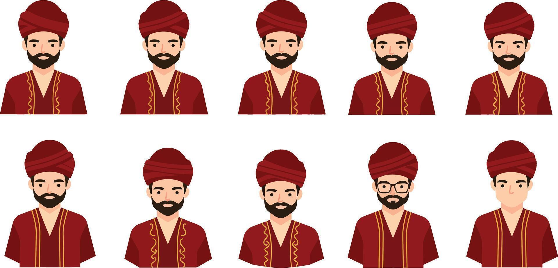 Series of animated characters displaying various facial expressions and attire changes vector