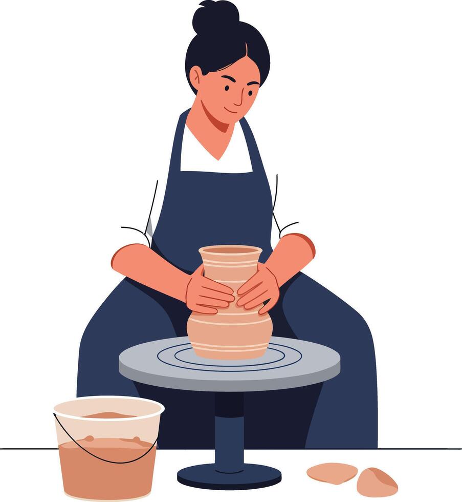 Woman shaping clay on pottery wheel with focused expression and creative energy vector
