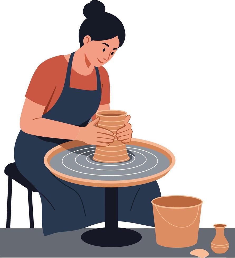 Woman shaping clay on pottery wheel in a creative studio environment vector