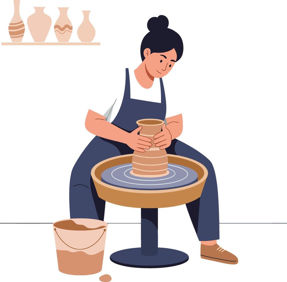 Woman shaping clay on pottery wheel in bright, artistic studio setting vector