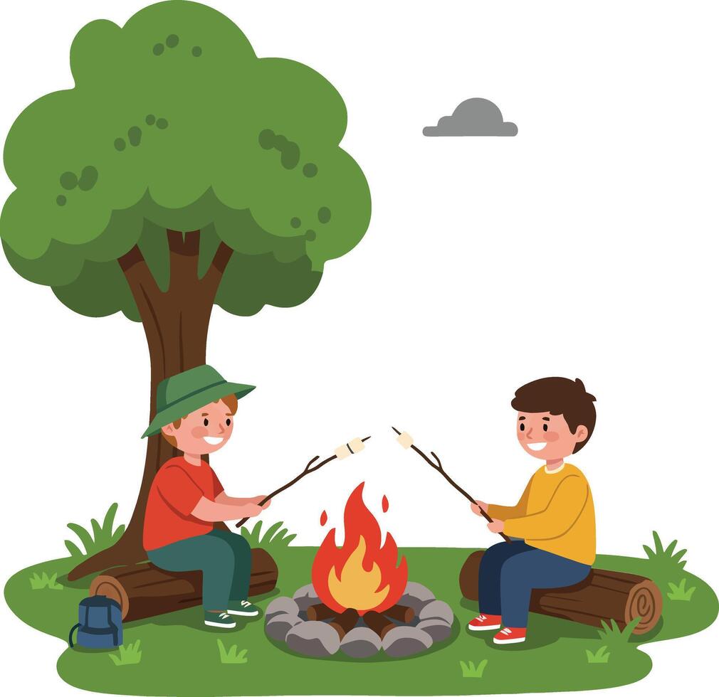 Two children roasting marshmallows over a campfire in a forest setting vector