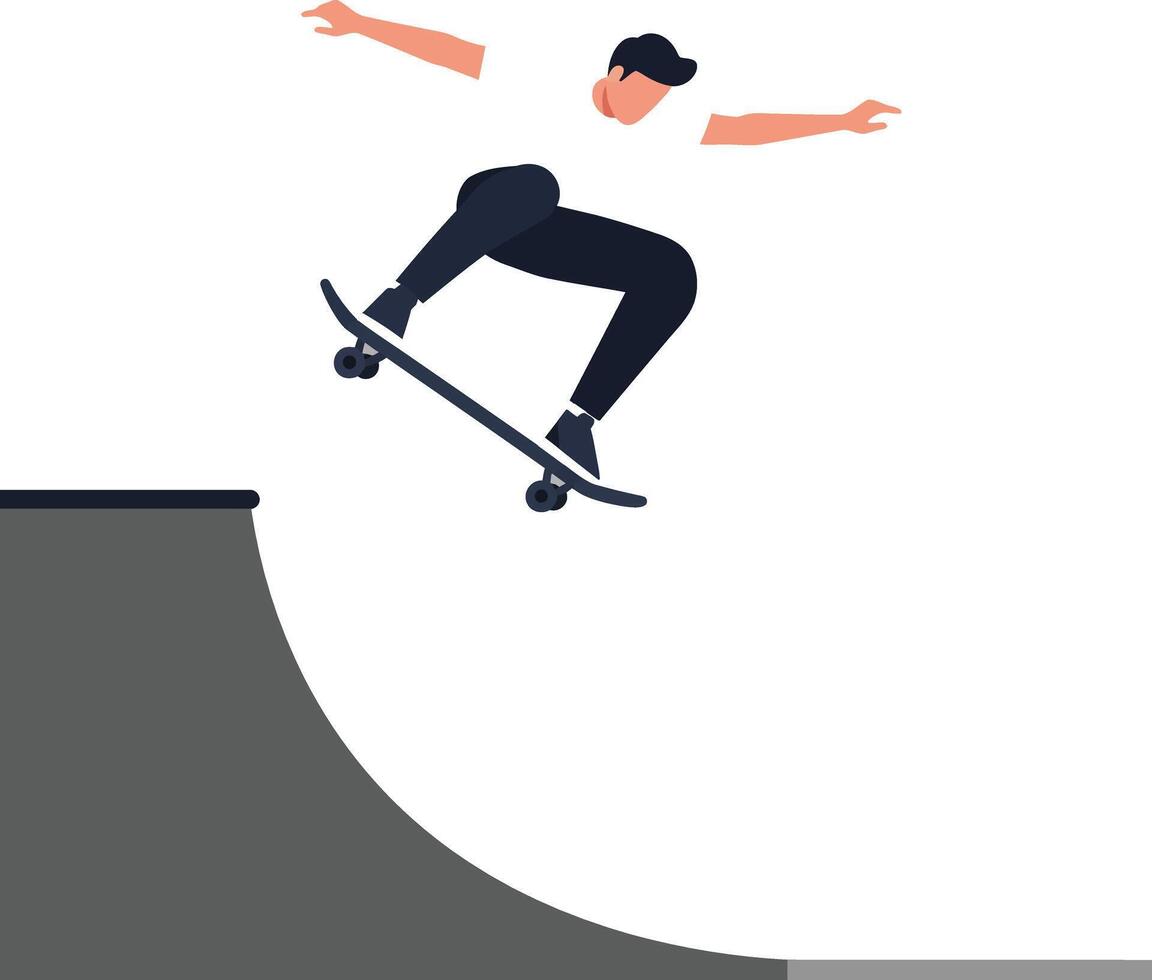 Skateboarder performing an aerial trick over a half-pipe ramp in a dynamic pose vector