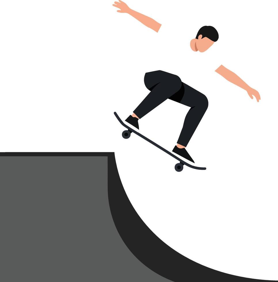 Skater performing an aerial trick on a half-pipe ramp in a skate park vector