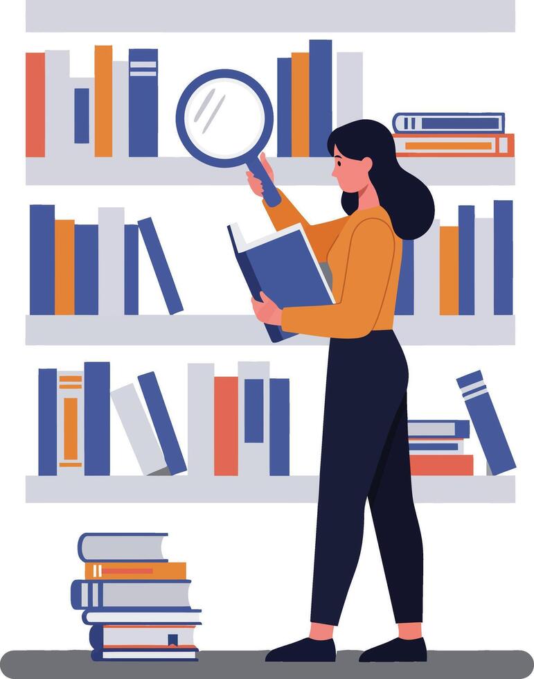 Woman examining book with magnifying glass in a library setting vector