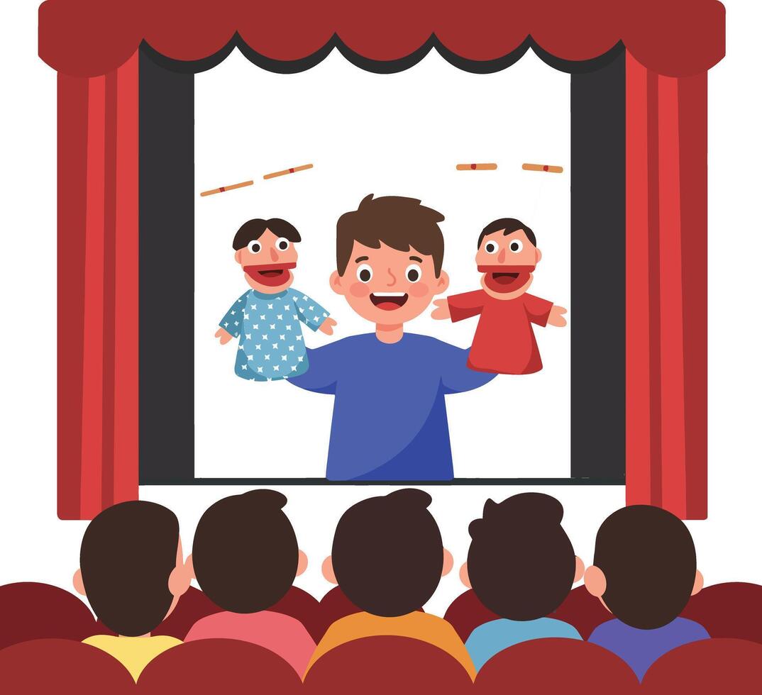 Boy performing puppet show on stage entertaining children in theater setting vector
