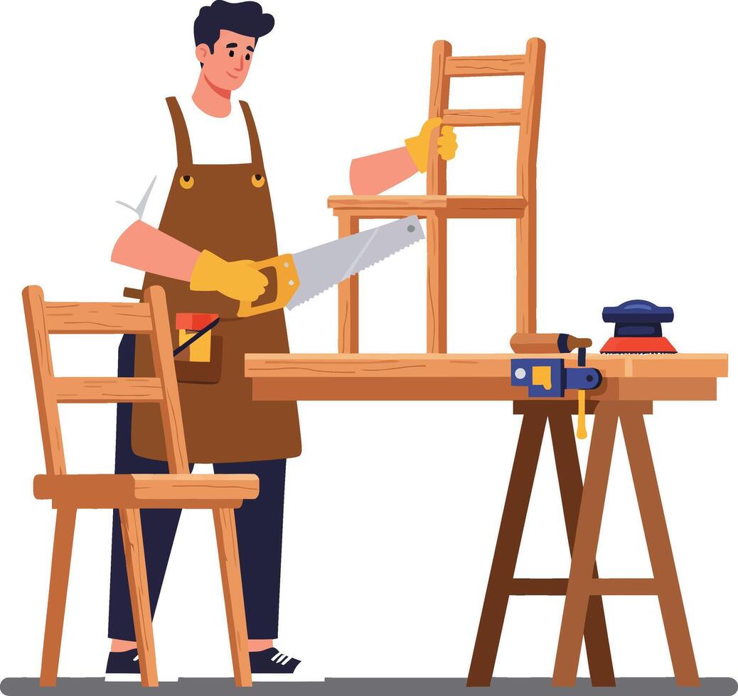 Man using saw to cut wooden chair in a workshop setting vector