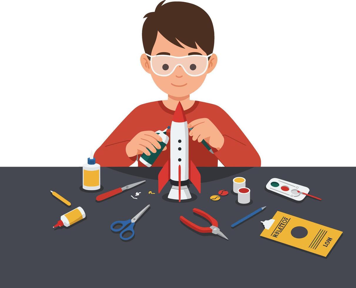 Young boy assembling a model rocket with various crafting tools on a table dsadqwd vector