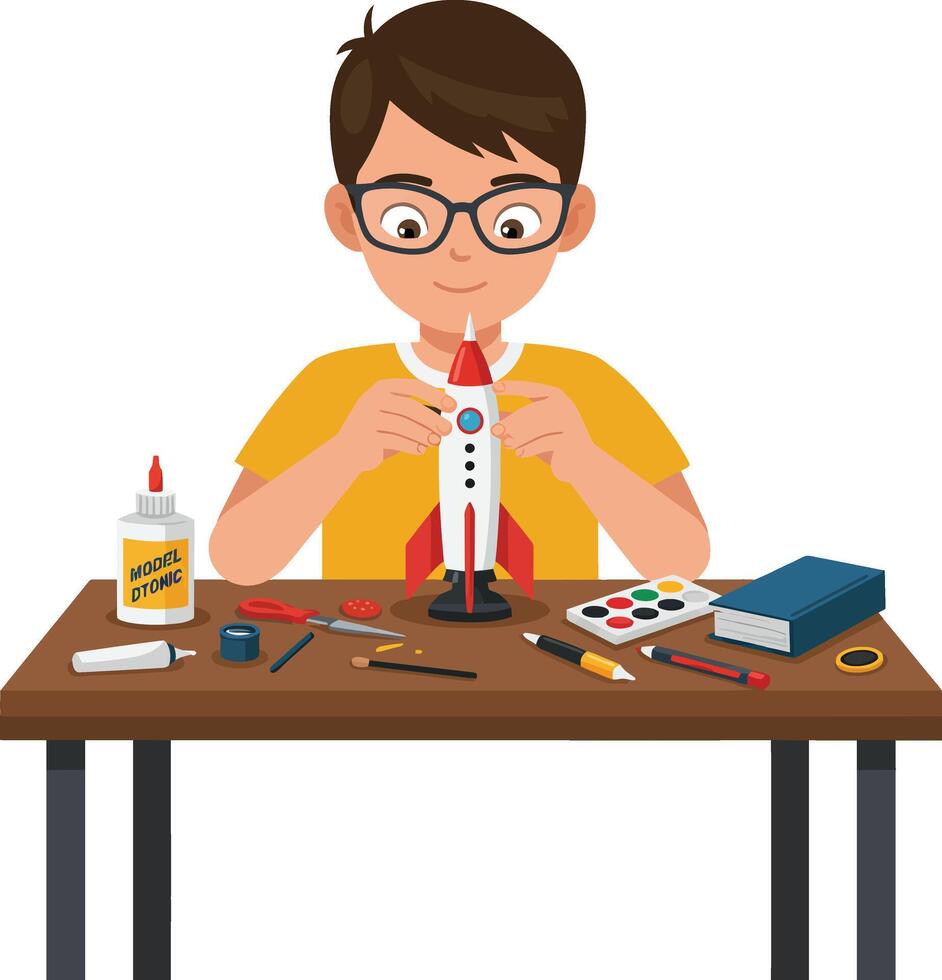 Young boy assembling a model rocket at a cluttered table with various tools vector
