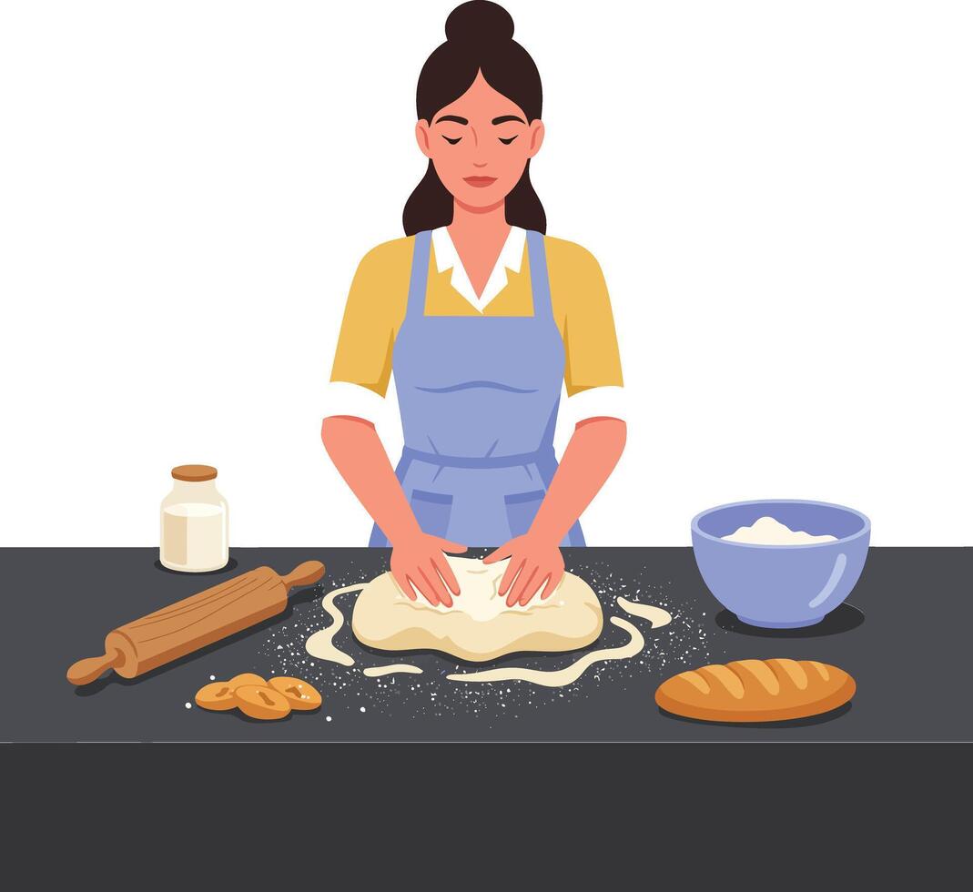 Woman kneading dough with rolling pin and ingredients on kitchen counter vector