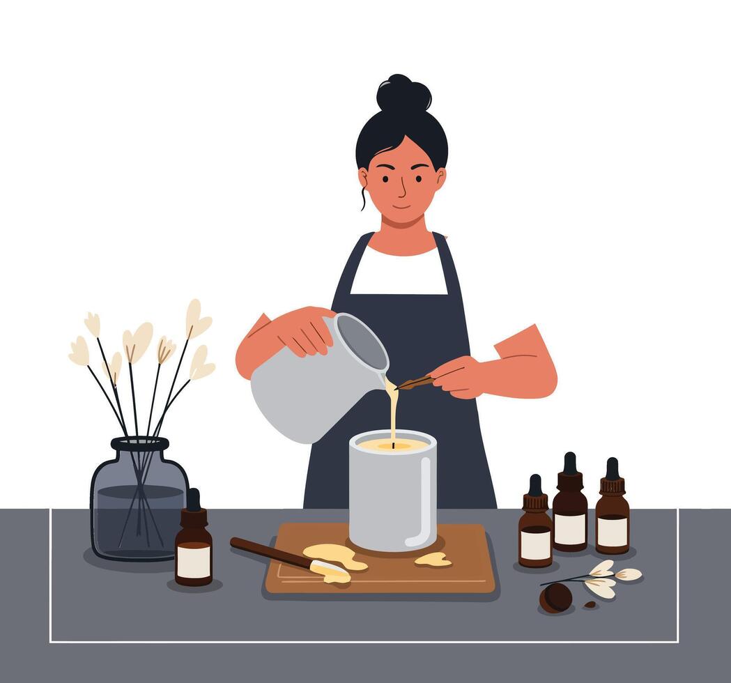 Woman pouring liquid into a container while crafting homemade candles in a cozy workspace vector