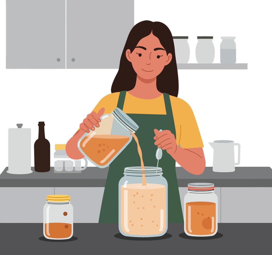 Woman pouring liquid from jar into larger container in a kitchen setting vector