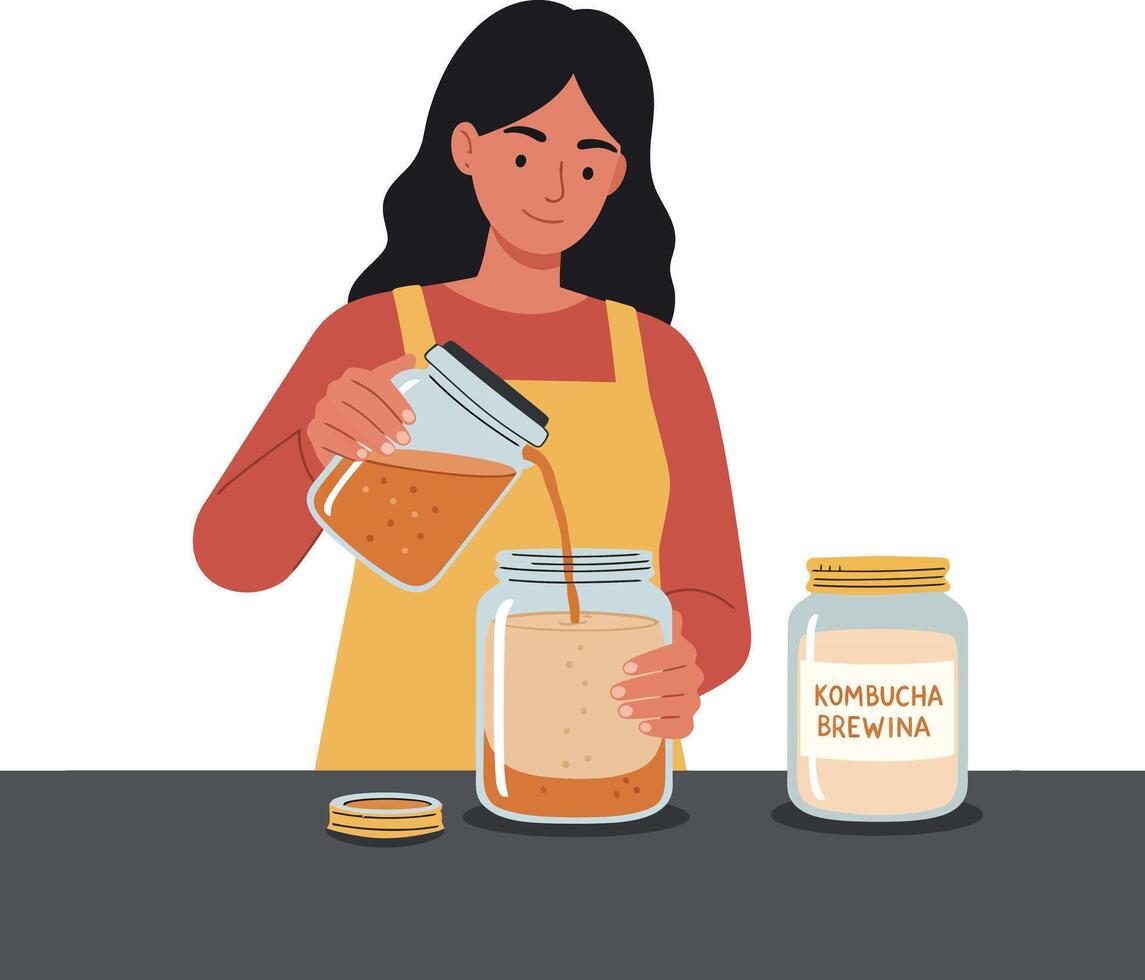 Woman pouring kombucha into jars while preparing ingredients for brewing process vector