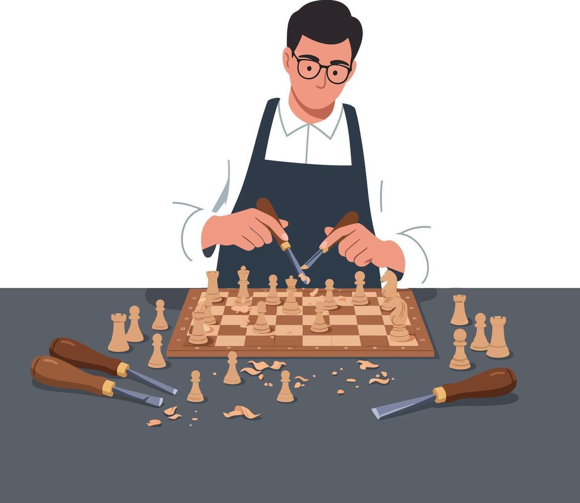 Man meticulously carving chess pieces while focused on the wooden chessboard in workshop vector