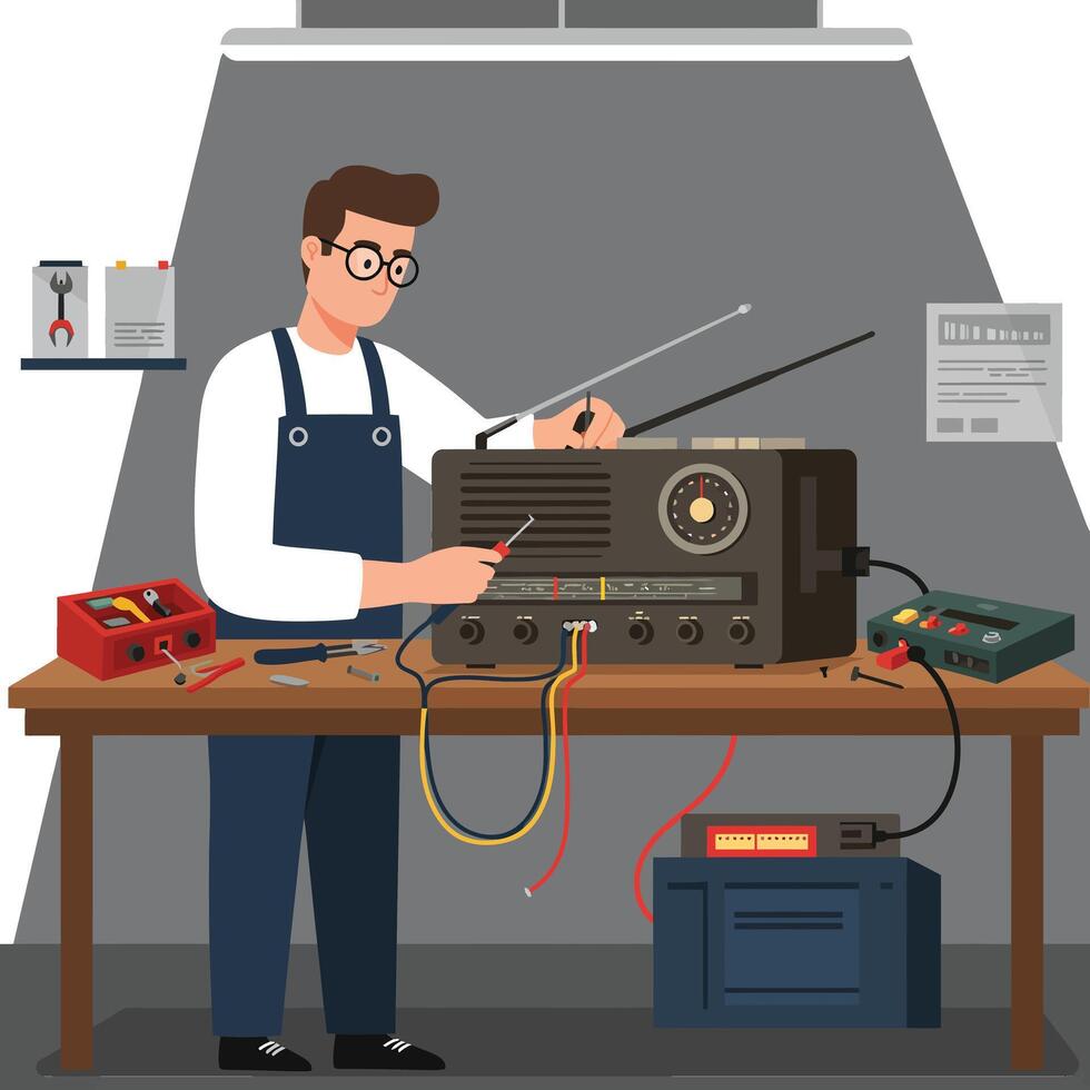 Technician repairing vintage radio equipment in a modern workshop setting vector