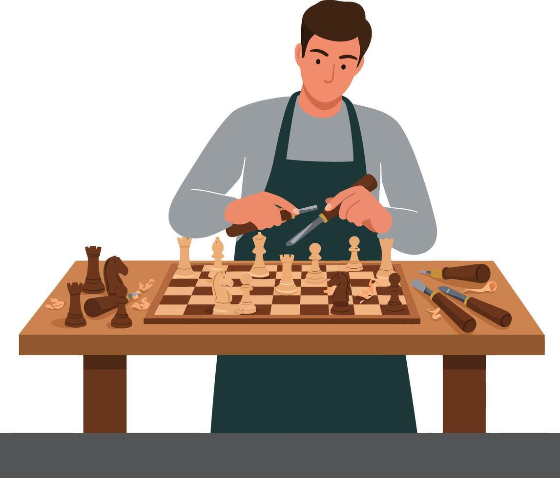 Chess artisan carefully crafting pieces at wooden table with tools and game board vector