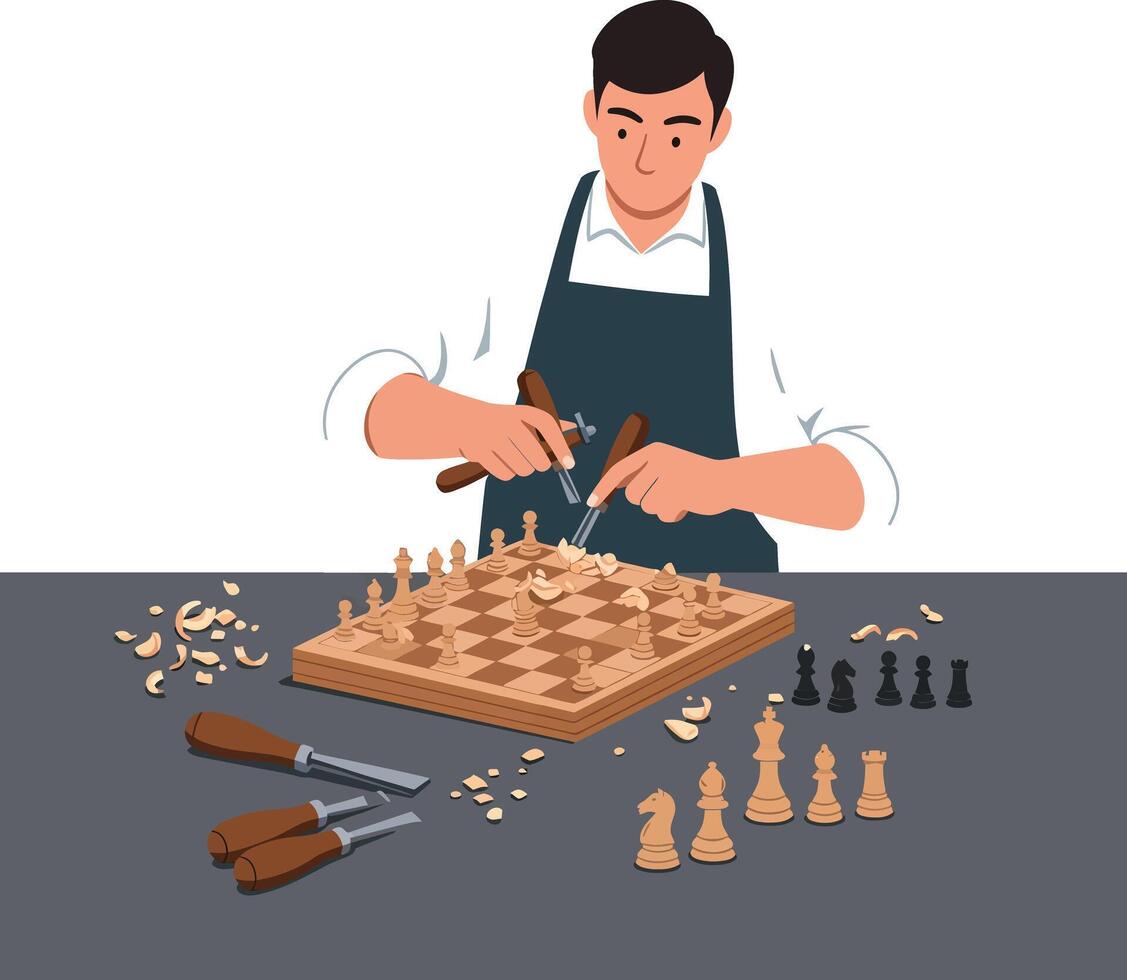 Craftsman skillfully carving chess pieces while focused on intricate details of the board vector