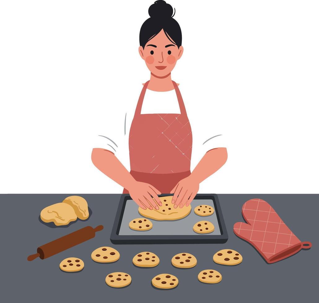 Woman baking cookies in a kitchen with dough and baking tray on the counter vector