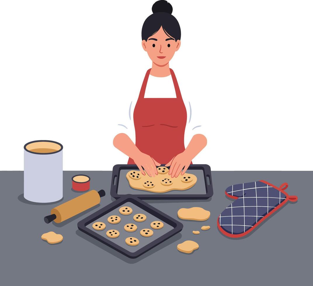 Woman baking cookies with dough on trays in a cozy kitchen setting vector