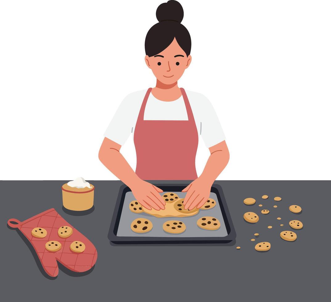 Woman baking cookies on a tray with scattered cookie dough pieces vector