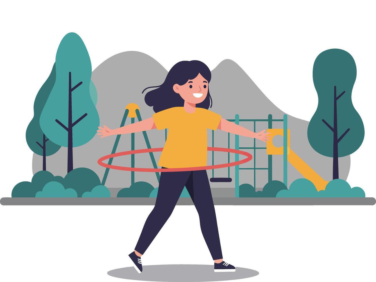 Young girl joyfully hula hooping in a vibrant park with playful surroundings vector