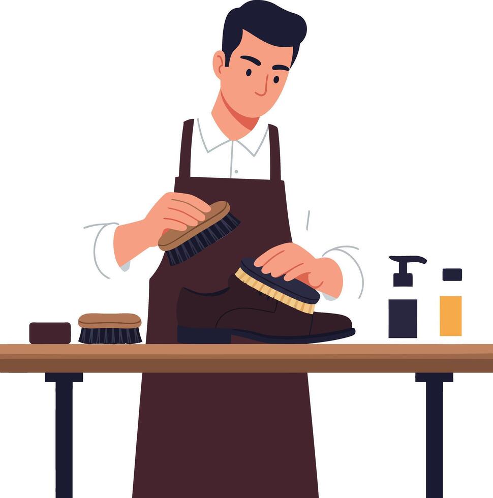 Man polishing shoes with brushes and products on a wooden table vector