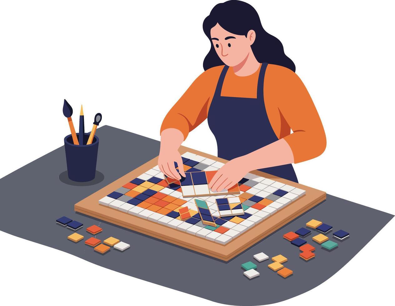 Woman creating a colorful mosaic art piece on a crafting table with tools vector