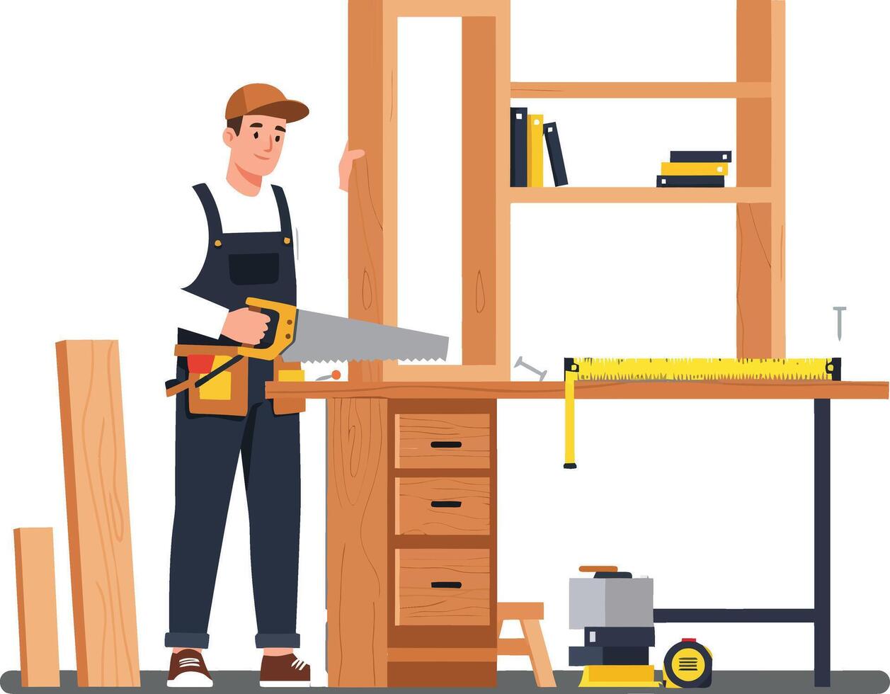 Carpenter working with saw on wooden furniture in a well-equipped workshop vector
