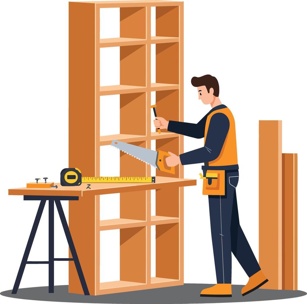 Carpenter assembling wooden shelf unit with tools in workshop environment vector