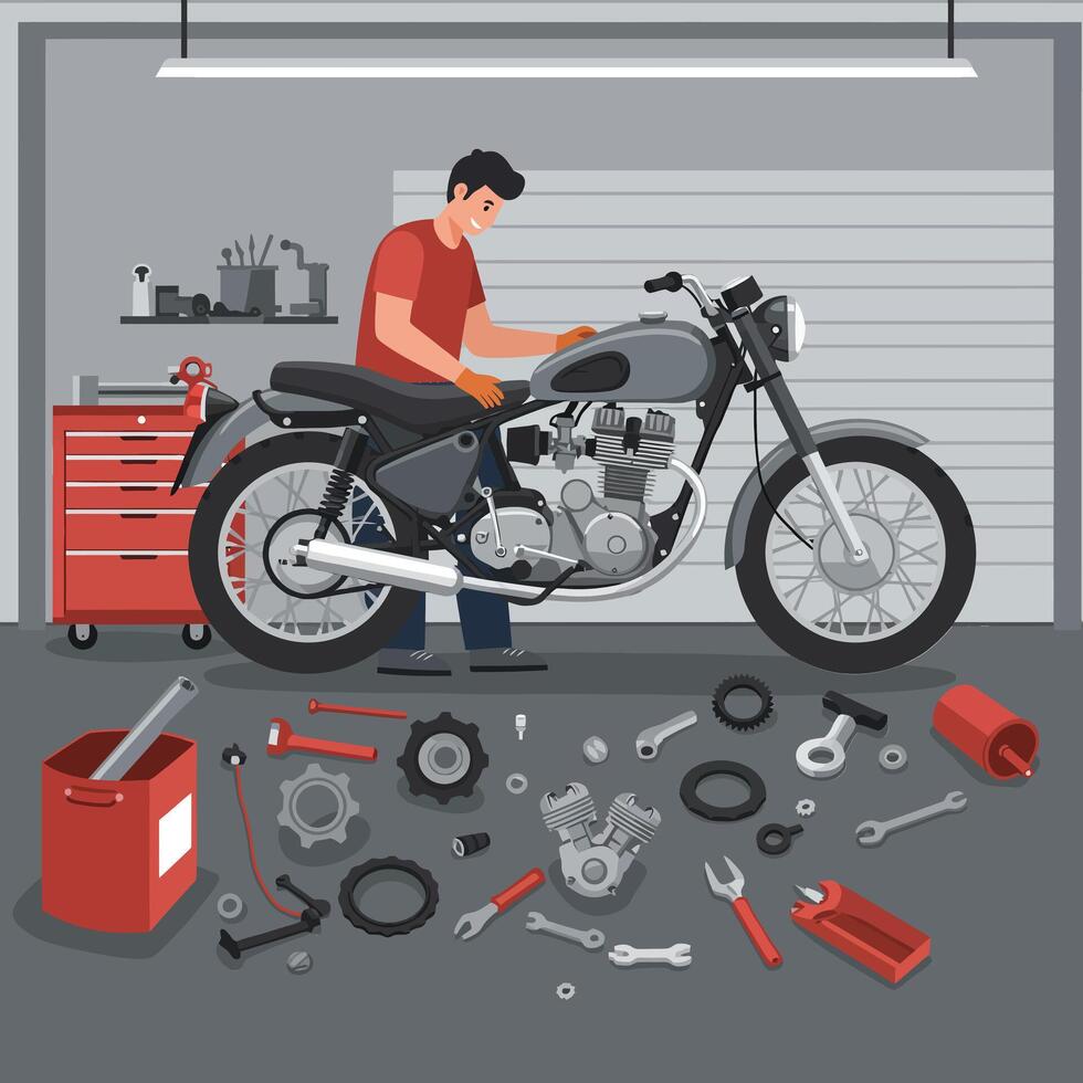 Man repairing a motorcycle in a garage surrounded by tools and parts vector