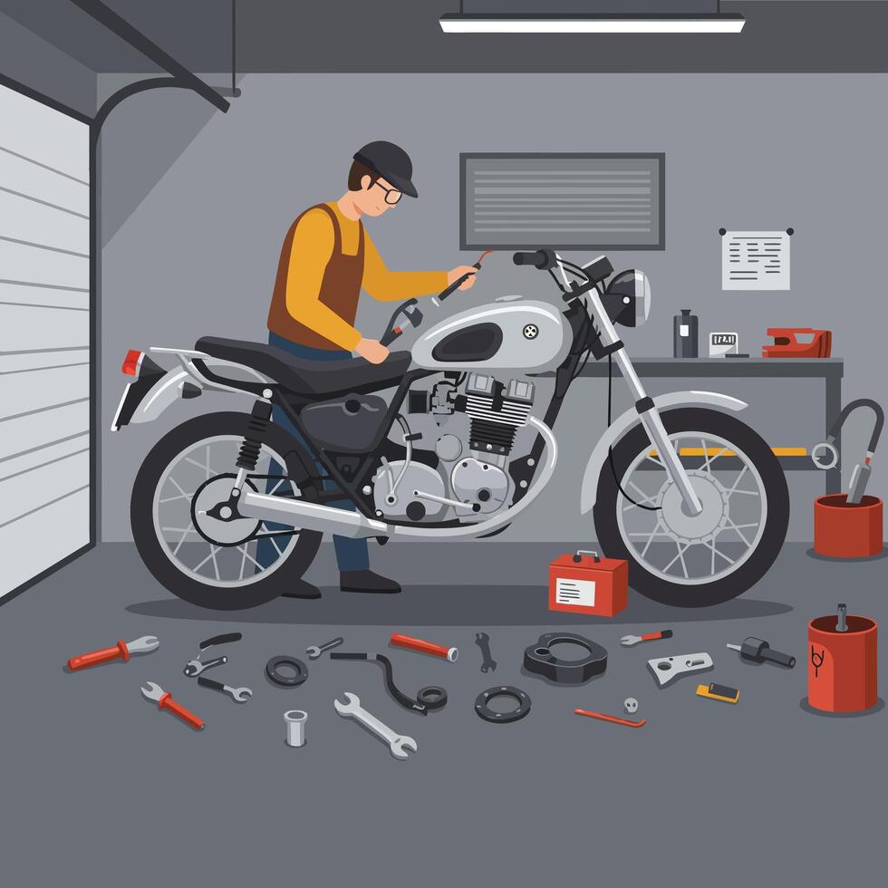 Mechanic repairing motorcycle in garage surrounded by tools and equipment on floor vector