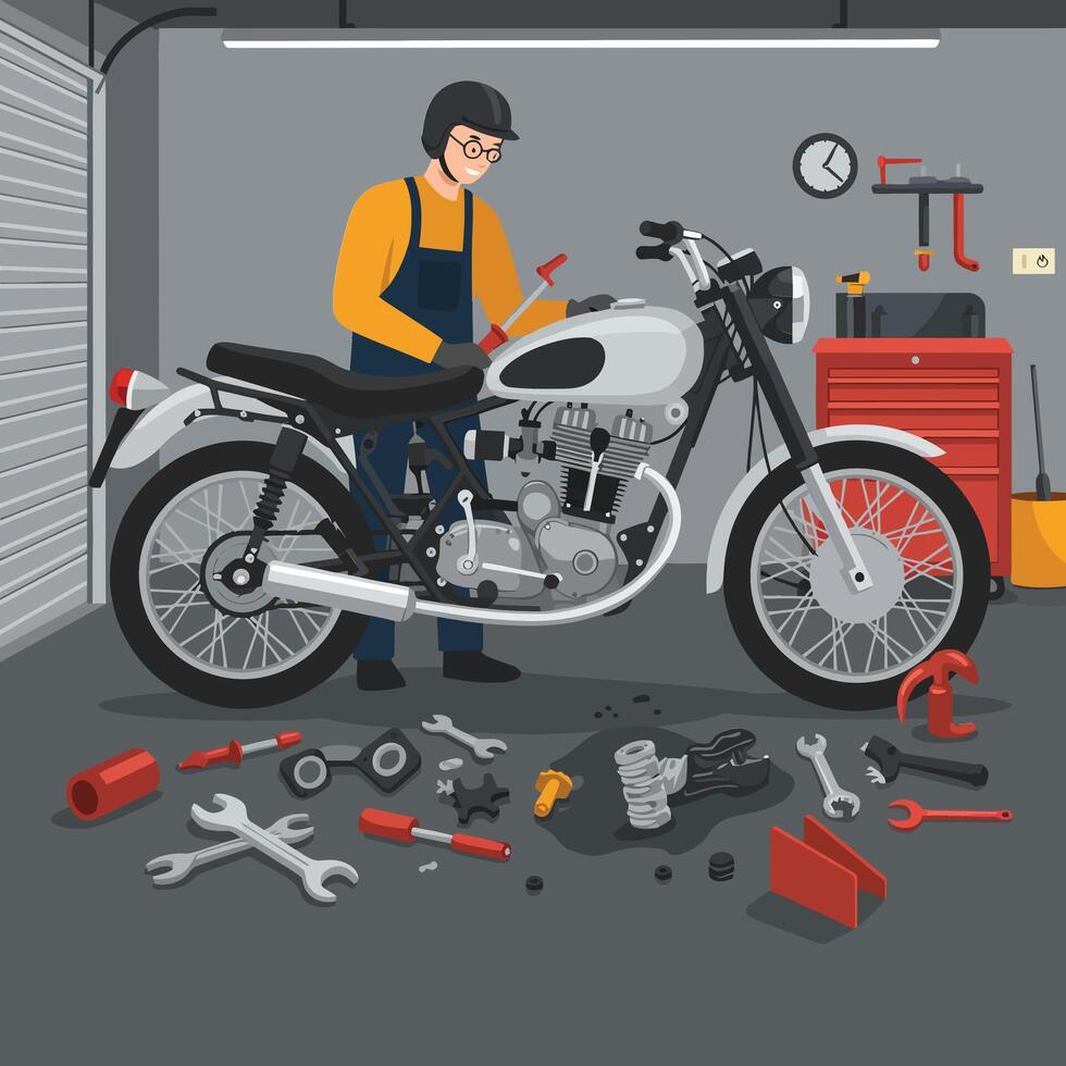 Mechanic repairing a motorcycle in a well-equipped garage workshop setting vector