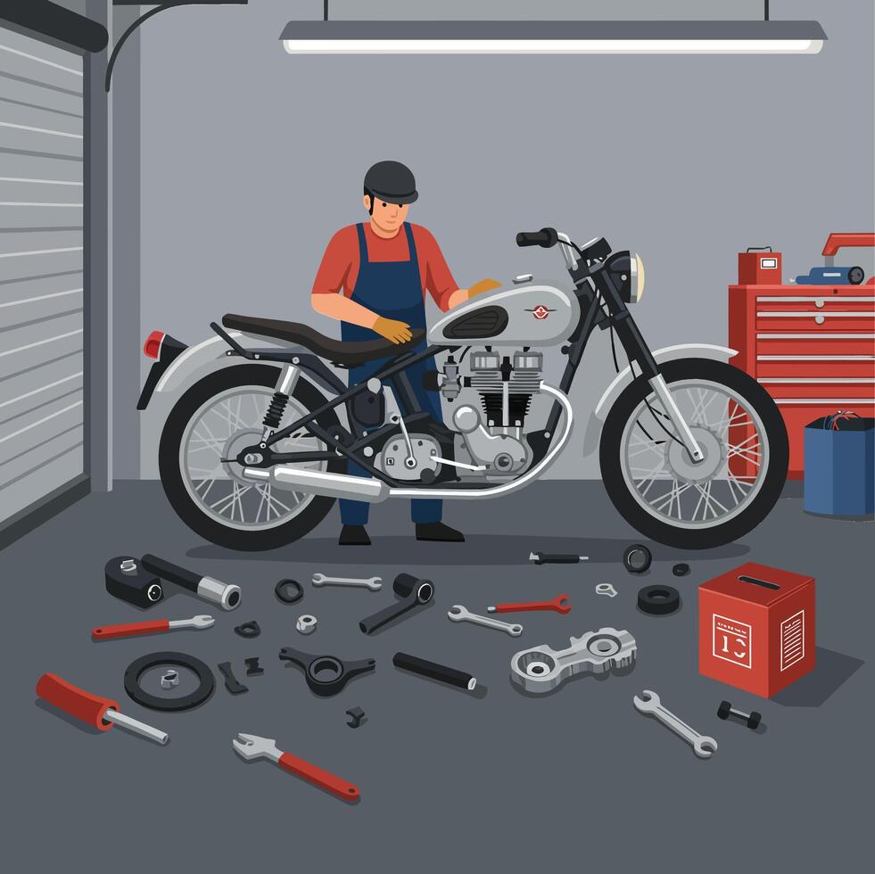 Mechanic working on motorcycle with tools and parts in a garage setting vector