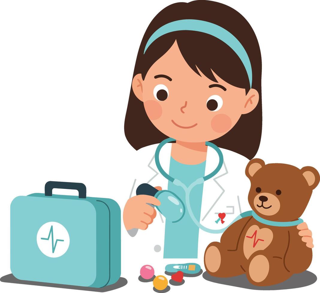Young girl playing doctor with teddy bear and medical kit, examining health visually vector