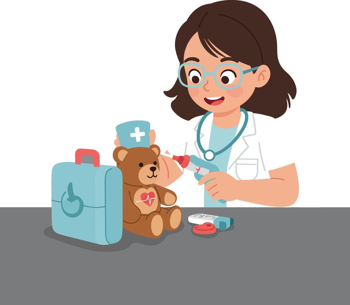 Young girl dressed as doctor examining teddy bear with medical tools in bright setting vector